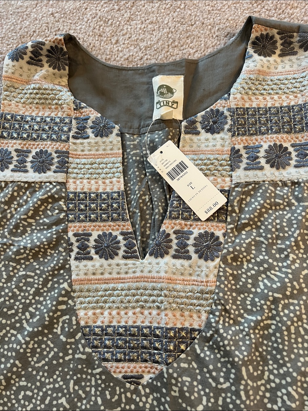 Anthropologie Green and Peach Tank with Embroidered Yoke - Picture 2 of 7